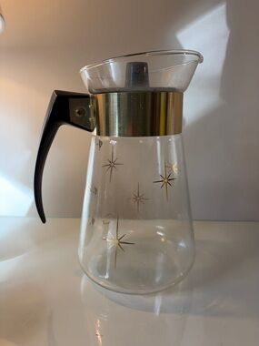 MCM Atomic Starburst  Glass Coffee Carafe with Gold Star Motif and Black Handle